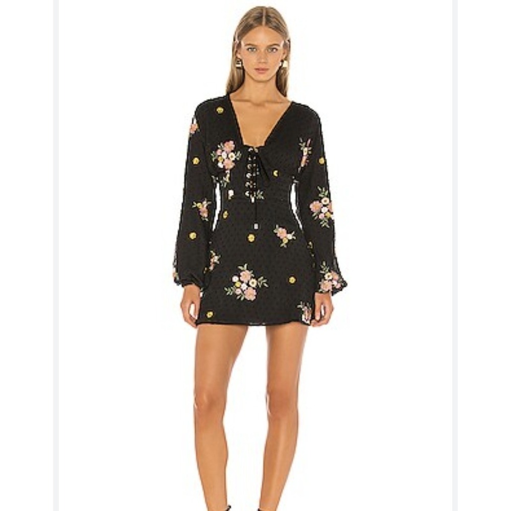 MAJORELLE Anette Mini Dress Black Swiss Dot Floral Embroidered Lace Up Size S‎